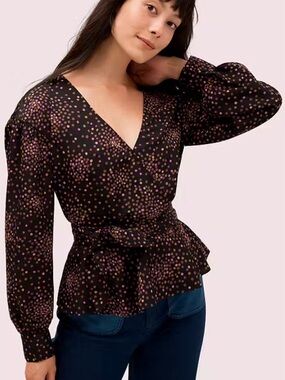 kate spade Disco Dot Wrap top Black Multicolor Dot V-Neck Peplum w/belt